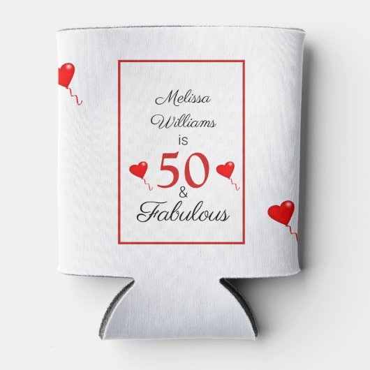 50と素晴らしい誕生日写真50番目のパーティー赤いハート 缶クーラー (正面)