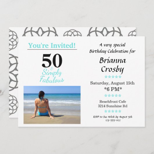 50と素晴らしい誕生日招待状シンプルブルー 招待状 (正面/裏面)