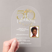 50と素晴らしい誕生日独身のフォトホワイト金ゴールド アクリル招待状 (インサイチュ (ポータブル))