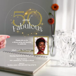 50と素晴らしい誕生日独身のフォトホワイト金ゴールド アクリル招待状