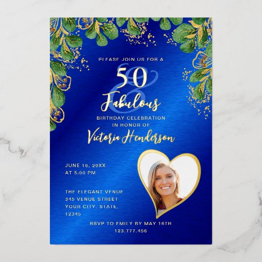50と素晴らしい誕生日王室のブルー&金ゴールド 箔招待状 (正面)