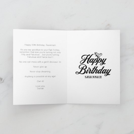 50と素晴らしい誕生日白黒の恐竜 カード (内部)