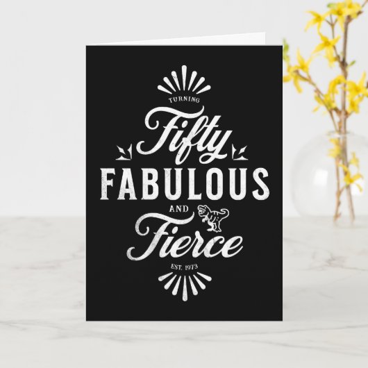 50と素晴らしい誕生日白黒の恐竜 カード (黄色い花)