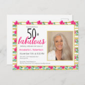 50と素晴らしい誕生日金ゴールドピンクフローラ インビテーションポストカード (正面/裏面)