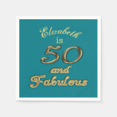 50と素晴らしい誕生日金ゴールド追加ネームティール（緑がかった色）青 スタンダードカクテルナプキン (正面)