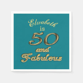 50と素晴らしい誕生日金ゴールド追加ネームティール（緑がかった色）青 スタンダードカクテルナプキン