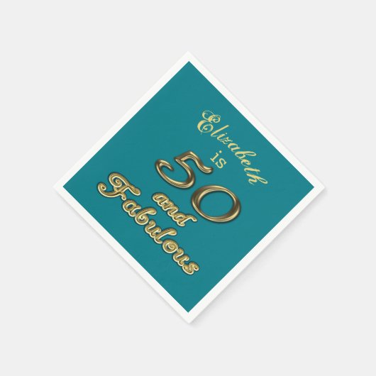 50と素晴らしい誕生日金ゴールド追加ネームティール（緑がかった色）青 スタンダードカクテルナプキン (角)