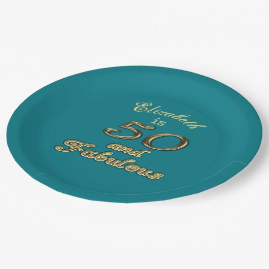 50と素晴らしい誕生日金ゴールド追加ネームティール(緑がかった色)青 ペーパープレート (アングル)