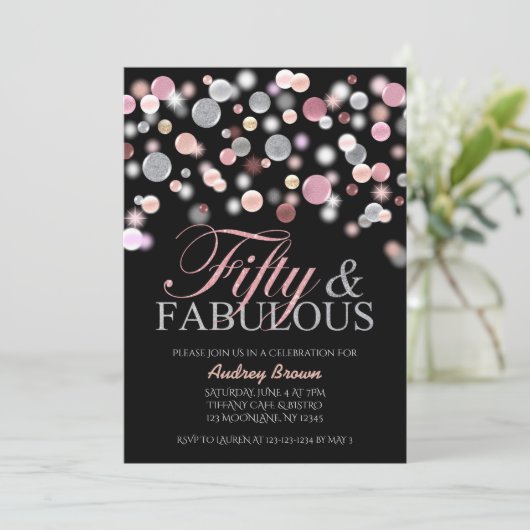 50と素晴らしい誕生日、ピンクのグリッター50th 招待状 (スタンド正面)