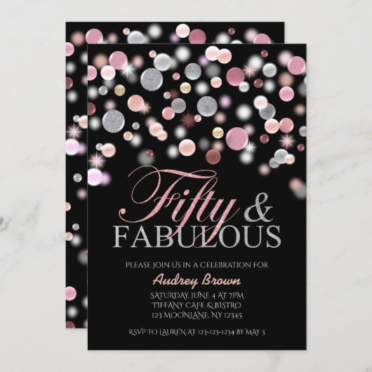 50と素晴らしい誕生日、ピンクのグリッター50th 招待状 (正面/裏面)