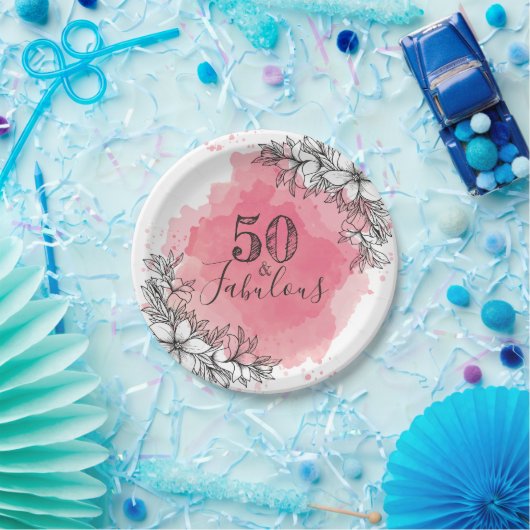 50と素晴らしい誕生日.花は水彩。 ペーパープレート (パーティー)