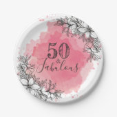 50と素晴らしい誕生日.花は水彩。 ペーパープレート (正面)