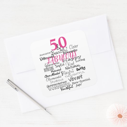 50と素晴らしい誕生日AからZへのタイポグラフィおもしろいピンク スクエアシール (封筒)