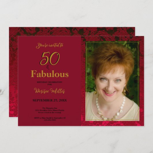 50と素晴らしい赤い金ゴールドフローラ誕生日 招待状 (正面/裏面)