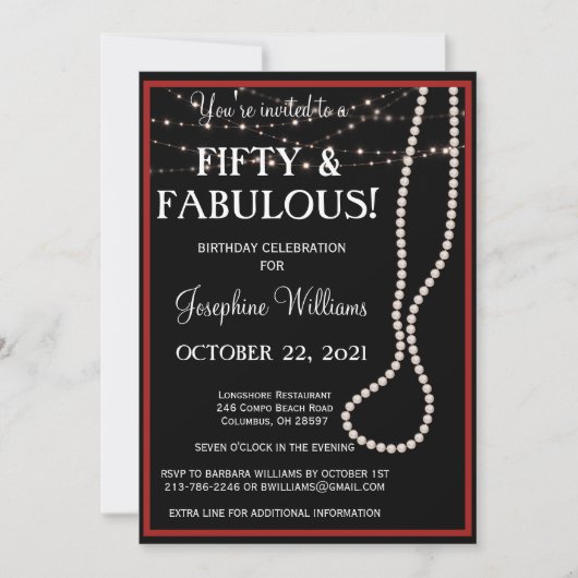 50と素晴らしい赤と黒のパーティの招待状 招待状 (正面)