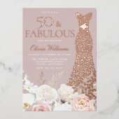50と素晴らしい赤面フローラ50番目の誕生日バラ金ゴールド 箔招待状 (正面)