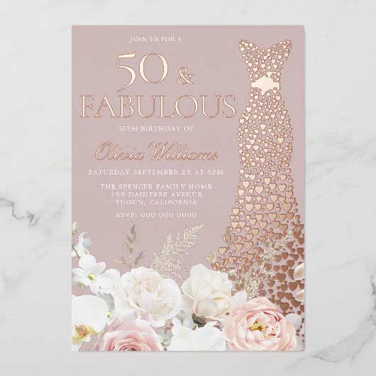 50と素晴らしい赤面フローラ50番目の誕生日バラ金ゴールド 箔招待状 (正面)