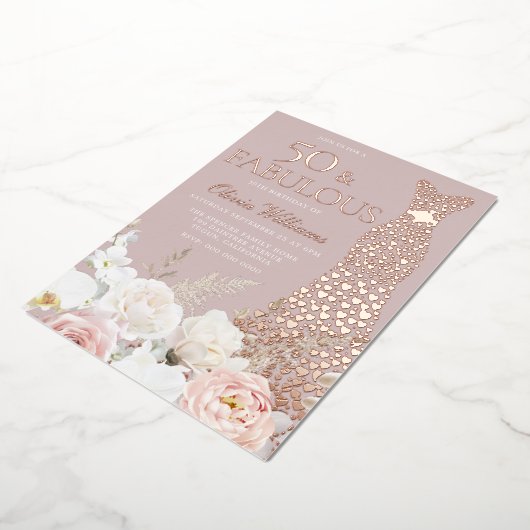 50と素晴らしい赤面フローラ50番目の誕生日バラ金ゴールド 箔招待状 (回転した状態)