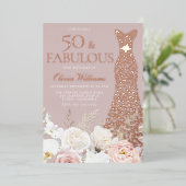 50と素晴らしい赤面フローラ50番目の誕生日バラ金ゴールド 箔招待状 (立ち正面)