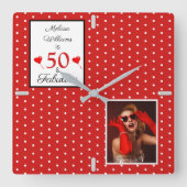 50と素晴らしい追加フォトレッド50誕生日WHレッド スクエア壁時計 (正面)