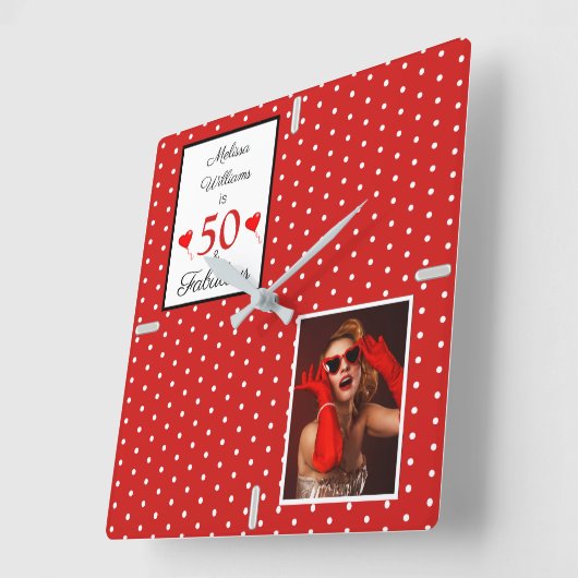 50と素晴らしい追加フォトレッド50誕生日WHレッド スクエア壁時計 (傾斜)