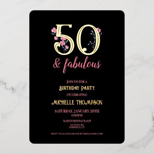 50と素晴らしい金ゴールドとピンクのフローラ 箔招待状 (正面)