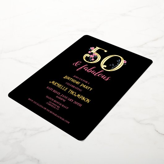 50と素晴らしい金ゴールドとピンクのフローラ 箔招待状 (回転した状態)