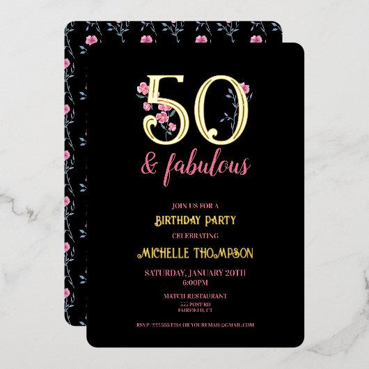 50と素晴らしい金ゴールドとピンクのフローラ 箔招待状 (正面/裏面)
