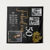 50と素晴らしい金ゴールドの葉3写真誕生日 タペストリー (正面(横))