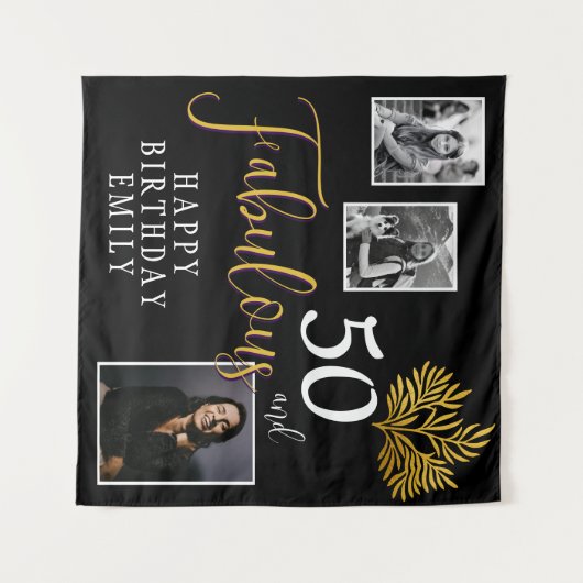 50と素晴らしい金ゴールドの葉3写真誕生日 タペストリー (正面(横))