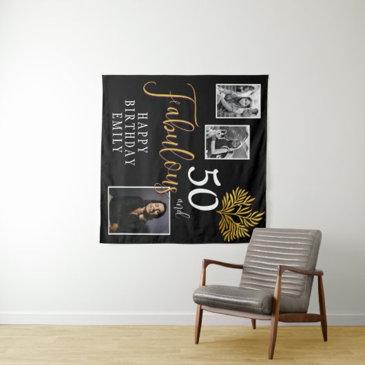 50と素晴らしい金ゴールドの葉3写真誕生日 タペストリー (インサイチュ(横))