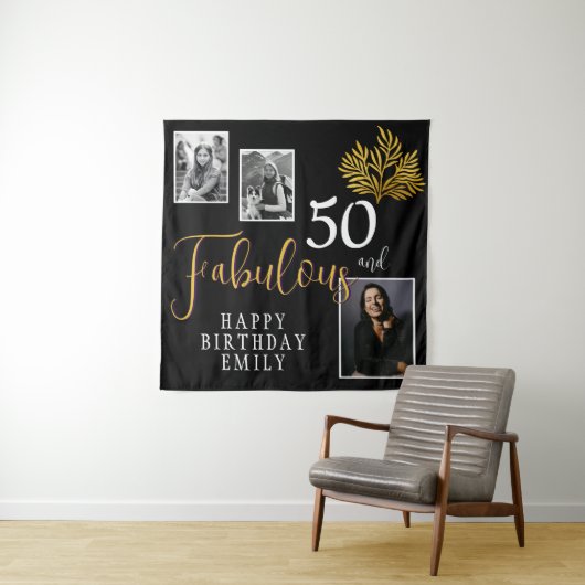 50と素晴らしい金ゴールドの葉3写真誕生日 タペストリー (インサイチュ)