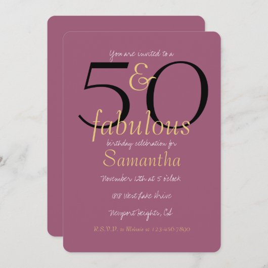 50と素晴らしい金ゴールドオーキッドパープル50誕生日 招待状 (正面/裏面)