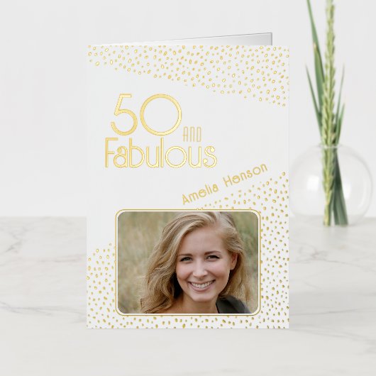50と素晴らしい金ゴールドグリッター写真50誕生日 箔グリーティングカード (正面)