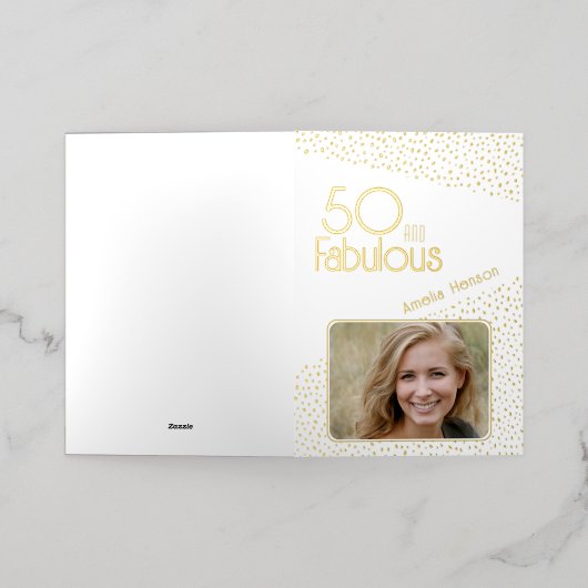 50と素晴らしい金ゴールドグリッター写真50誕生日 箔グリーティングカード (外側レイダウン)