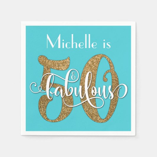 50と素晴らしい金ゴールドグリッター誕生日ターコイズ スタンダードカクテルナプキン (正面)