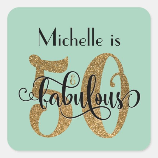 50と素晴らしい金ゴールドグリッター誕生日ライトグリーン スクエアシール (正面)