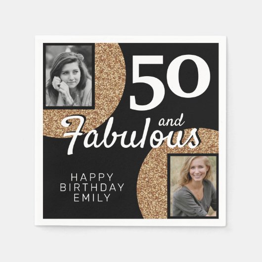 50と素晴らしい金ゴールドグリッター2写真50誕生日 スタンダードカクテルナプキン (正面)