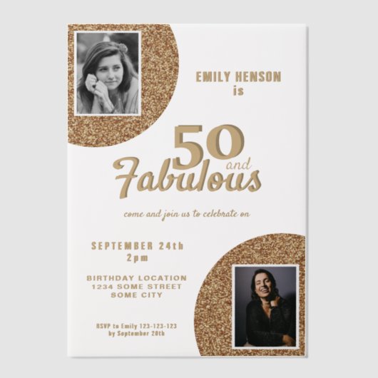 50と素晴らしい金ゴールドグリッター2写真50誕生日 ベラム紙招待状 (正面)