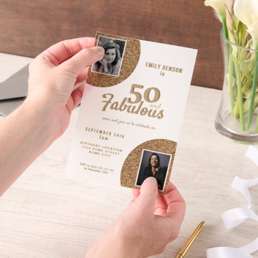 50と素晴らしい金ゴールドグリッター2写真50誕生日 ベラム紙招待状 (ポータブル)