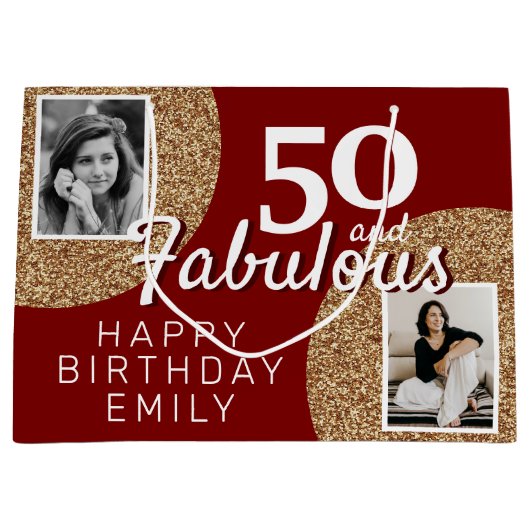 50と素晴らしい金ゴールドグリッター2写真50誕生日 ラージペーパーバッグ (正面)