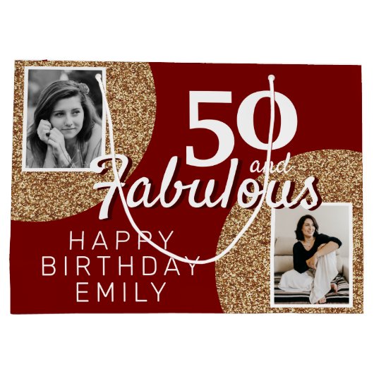 50と素晴らしい金ゴールドグリッター2写真50誕生日 ラージペーパーバッグ (裏面)