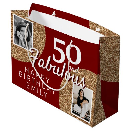 50と素晴らしい金ゴールドグリッター2写真50誕生日 ラージペーパーバッグ (裏面アングル)
