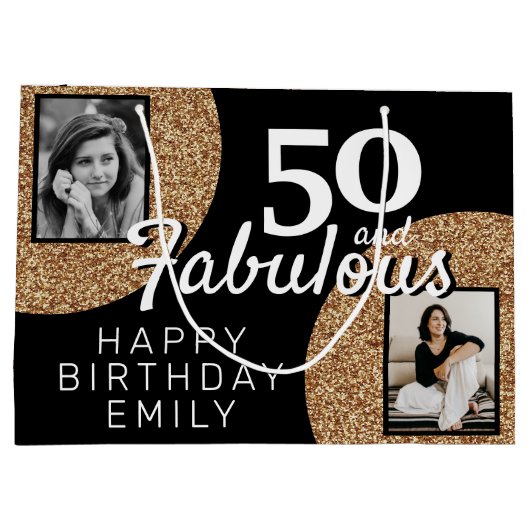 50と素晴らしい金ゴールドグリッター2写真50誕生日 ラージペーパーバッグ (裏面)