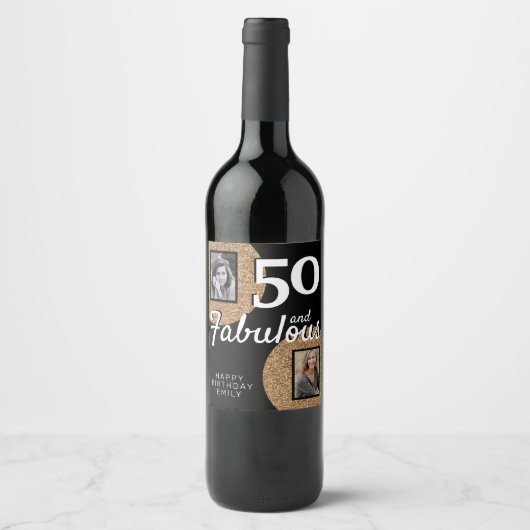 50と素晴らしい金ゴールドグリッター2写真50誕生日 ワインラベル (正面)