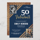 50と素晴らしい金ゴールドグリッター2写真50誕生日 招待状 (正面/裏面)