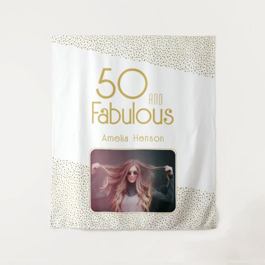 50と素晴らしい金ゴールドグリッター50th誕生日写真 タペストリー (正面)