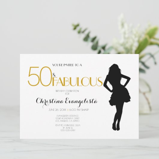 50と素晴らしい金ゴールドグリッター(シルエット付きモダン) 招待状 (スタンド正面)