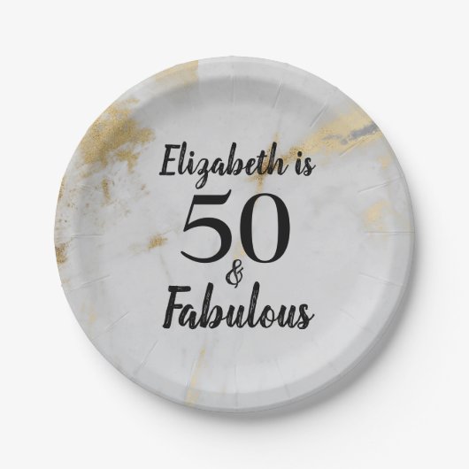 50と素晴らしい金ゴールドグレー大理石とブラック文字 ペーパープレート (正面)