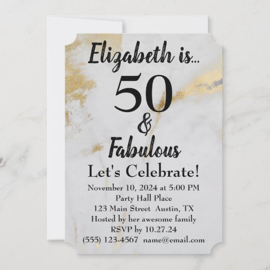 50と素晴らしい金ゴールドグレー大理石とブラック文字 招待状 (正面)